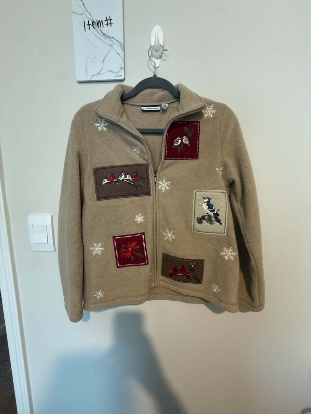 Vintage Embroidered Birds and Snowflakes Fleece Jacket Petite Small